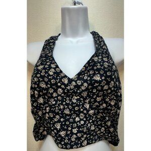American Eagle Women Coquette Crop Halter Top Sz S Navy White Floral Back Smock